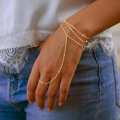 Moodear Mothers Day Gifts Gold Bracelet Stack for Women - Dainty Hand Chain Trendy Bead Link Ring Bracelets Set Waterproof Jewelry Gift - style: 3 hand ring bracelet-GD