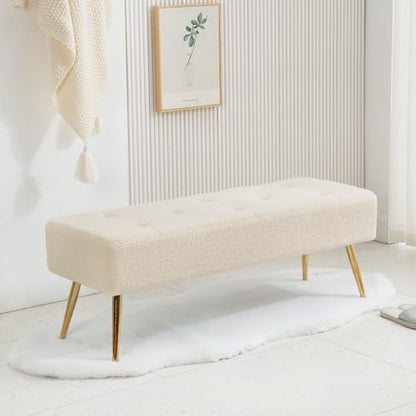 Furnimart Faux Fur Boho Bench Ottoman Upholstered Tufted Bench with Padded Seat, Footrest Foot Stool with Sturdy Metal Leg, for Bedroom Living Room Entryway - color: Fur Ivory White