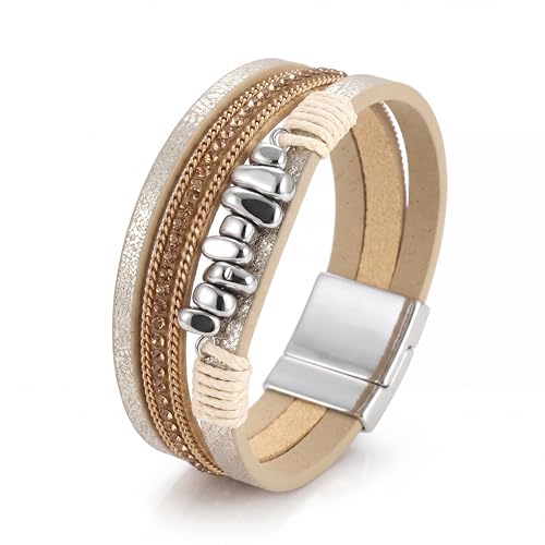 Edoneery Leather Wrap Bracelet for Women, Boho Handmade Multi-Layer Cuff with Crystal Beads Heart, Stackable Bangle Western Jewelry Gift - style: Silver Stone(Beige)
