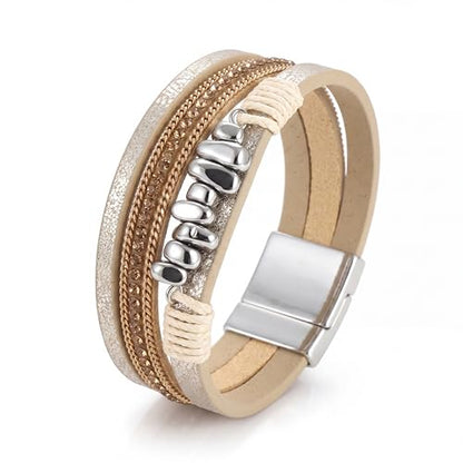 Edoneery Leather Wrap Bracelet for Women, Boho Handmade Multi-Layer Cuff with Crystal Beads Heart, Stackable Bangle Western Jewelry Gift - style: Silver Stone(Beige)