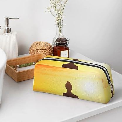 Yoga Meditation Makeup Bag for Women Men Pencil Pouch Travel Small Cosmetic Bag Zippered Toiletry Bags Aesthetic Pen Bags Leather Coin Pouch Purse - color: Silver