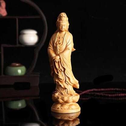 Antique Guanyin Wooden Statue Accents Zen Meditation Wood Sculpture Decor for Living Room Spa Or Yoga Studio Centerpiece Books Living Room Bedroom Ornament