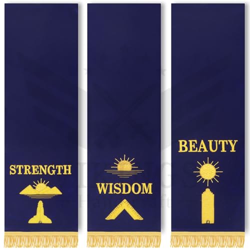 Handmade Masonic Altar Pedestal Covers - Set of 3 Royal Blue Velvet Banners - Strength Wisdom Beauty Embroidery - 13x37 Inches Ceremonial Regalia Accessory