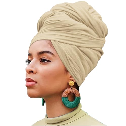XTREND 1 Piece Head Wrap Stretch Jersey Fashion Headband Turban African for Women Soft Extra Long Hair Scarf Caps Bohemian Soft Breathable Turbans Tie (Beige) - color: Z1 Beige