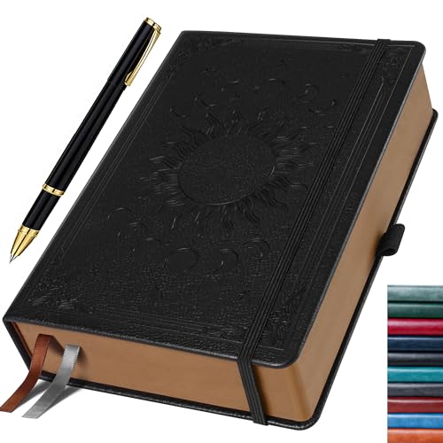 Journal for Men & Women, Daily for Classic Lined Writing, 360 Pages Hardcover Journaling Notebook with Pen, Vintage Sun & Moon Design, Black, A5 (5.9'' x 8.5'') - color: Black, size: A5