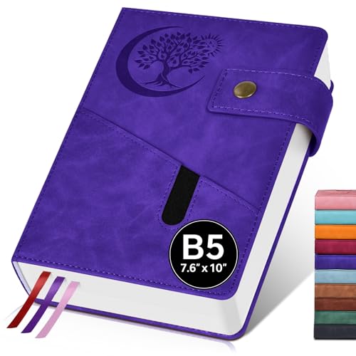 PAIBAS B5 Leather Lined Journal Notebook, 7.6"x10" 366 Pages 100GSM College Ruled Hardcover Diary with 3 Ribbon Bookmarks, Brass Snap & Front Pocket, Journals for Writing Work Travel Men Women - color: Purple, size: B5 (7.6" x 10")