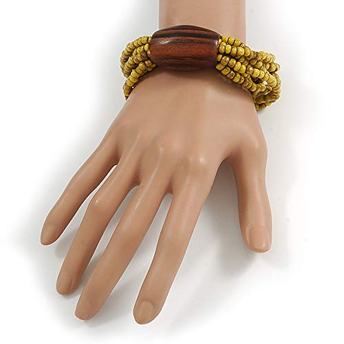 Avalaya Multistrand Dusty Yellow Glass Bead with Brown Wooden Bead Flex Bracelet - Medium