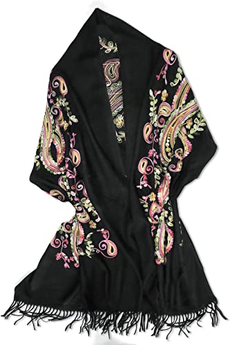 Urban CoCo Women's Embroidered Oversize Tassel Shawl Scarf Wraps for Women - color: #1-black
