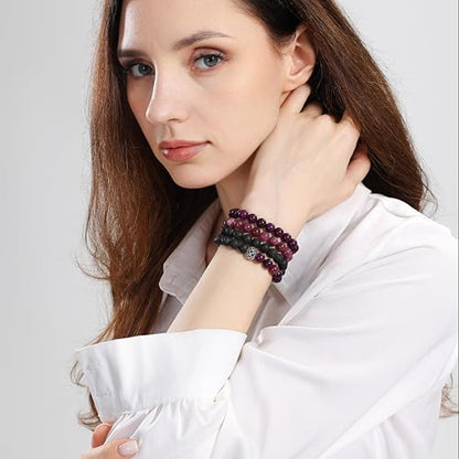 Fengling 4 PCS Beaded Crystal Bracelet for Women 8mm Natural Gemstones Handmade Bracelet for Girls Healing Stretch Bracelets Crystal Jewelry for Women Gifts - color: Jade Marrow Deep Purple & Strawberry Crystal k & Lava Rock