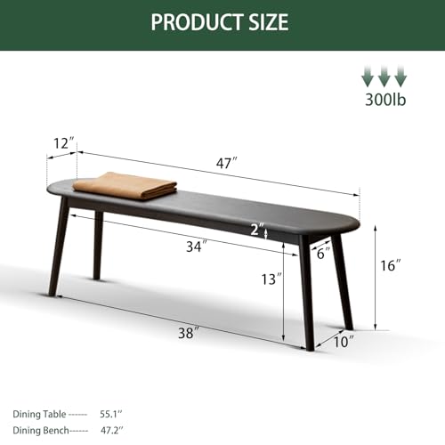 47'' 100% Solid Oak Wood Dining Bench,Rounded Corner Baguette Shape Chair Surface Design,Entryway Bedroom Bed End Bench (47.3inch, Black) - size: 47.3inch-Black-Round Corner Baguette Shape
