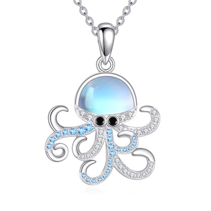 Sterling Silver Cute Animal Pendant Necklace Fox/Snake/Unicorn/Owl on Moon/Rabbit/Horse Necklace Jewelry for Women Mom Sister - style: Moonstone Octopus