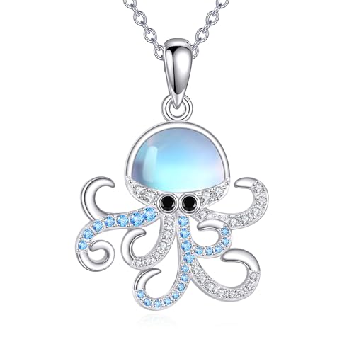 Sterling Silver Cute Animal Pendant Necklace Fox/Snake/Unicorn/Owl on Moon/Rabbit/Horse Necklace Jewelry for Women Mom Sister - style: Moonstone Octopus