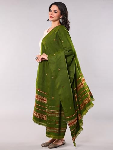 Exotic India Shawl from Kutch with Embroidered Mirrors - Pure Wool - color: Cedar Green