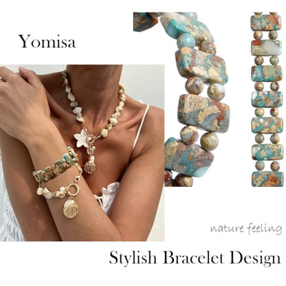 Yomisa Boho Beaded Bracelets for Women,Natural Chakra Turquoise Stone Jasper Bead Bracelet for Womens,Bohemian Handmade Stretch Beads Friendship Bracelets,Healing Trendy Western Jewelry Gifts - color: Agalmatolite