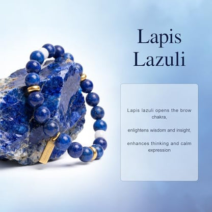 Natural Garnet Crystal Bracelet for Women & Men – Handmade Gemstone Beaded Stretch Bracelet, Polished Red Garnet Jewelry Gift, Root Chakra Stone for Confidence & Courage - color: Third Eye Chakra – Lapis Lazuli Fantasia bracelet