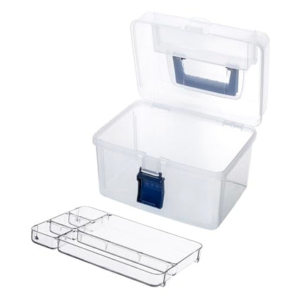 MyGift 10 Inch First Aid Clear Bin with Detachable Tray and Blue Quick Access Top Lid Flap, Portable Emergency Kit, Medical Supply Travel Tote, Medicine Storage Box Container (Navy) - color: Navy