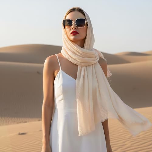 Nydotd Women Summer Cotton Linen Scarf Crinkle Long Beach Shawl Wrap hijab with Fringe - color: Light Apricot