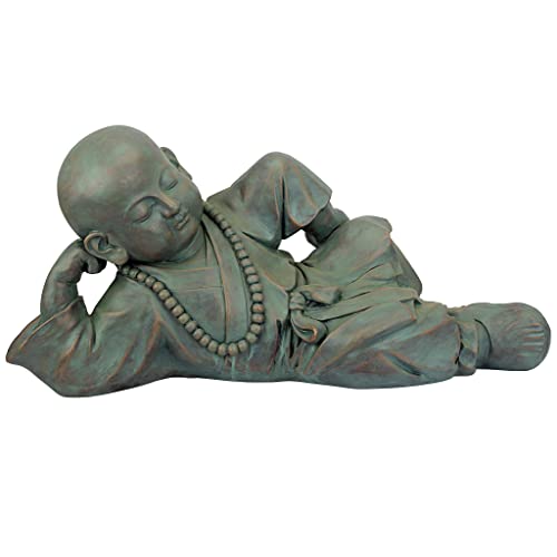 Design Toscano Resting Serene Baby Monk Asian Boy Garden Statue, 24 inches Wide, 12 inches Tall, Cast Stone Resin, Green Bronze Finish