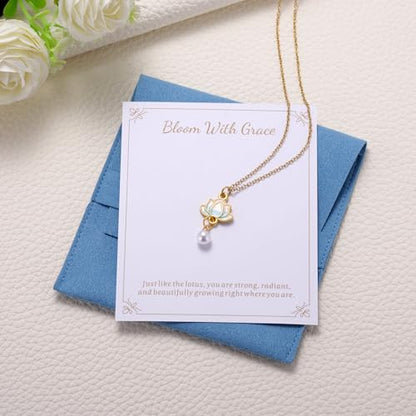 Lotus Flower Necklace for Women, Gold Chain with Lotus Pearl Pendant Meditation Yoga Relaxation Jewelry Gift - style: Blue-Lotus Gold