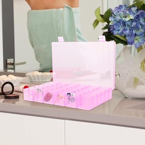 AKOAK 1 Pack 24 Grid Plastic Storage Case, Transparent Jewelry Display Organizer, Detachable Divider -7.5"x 5.1"x 1.4" for Beads, Jewelry, Earrings, Rings (Pink) - color: Pink