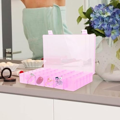 AKOAK 1 Pack 24 Grid Plastic Storage Case, Transparent Jewelry Display Organizer, Detachable Divider -7.5"x 5.1"x 1.4" for Beads, Jewelry, Earrings, Rings (Pink) - color: Pink