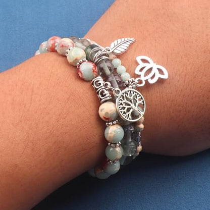 Tree of Life Yoga Healing Stone Bracelets,Multilayer Lotus Chakra Stone Reiki Bracelet Sets,Anxiety Crystal Natural Stone,for Women Stress Relief - style: Shoushan Stone+Fluorite