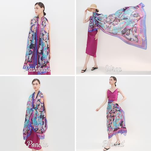 100% Mulberry Extra Large Silk Pashmina Scarf Shawls And Wraps For Women Evening Dress Summer Travel Floral Blanket - color: 67 Blue&purple