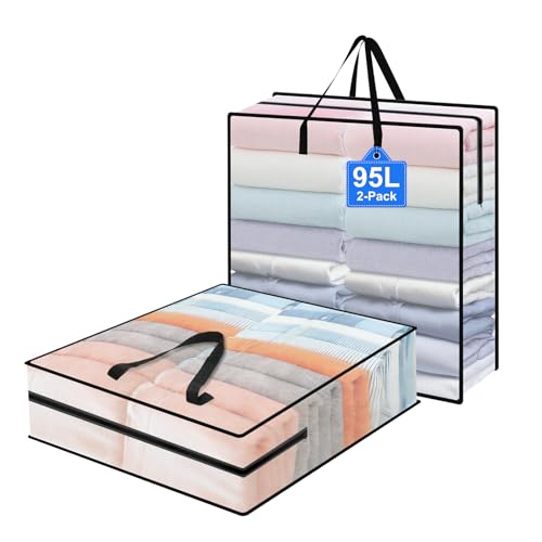 95L Under Bed Storage Bag, 2-Pack Clothes Storage Bag, Clear Bag for Quilt Pillow Blanket Bedding Storage or Wreath Closet Organizer Home Storage - style: 2-Pack