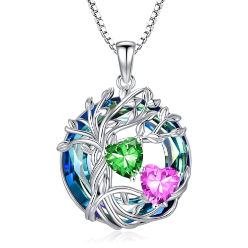 TOUPOP s925 Sterling Silver Family Celtic Tree of Life Pendant Necklaces with 2 Heart Birthstone with Blue Austrian Crystal Jewelry Birthday Valentines Day Gifts for Her, Anniversary Christmas Gifts for Wife Girlfriend Mom (18K Real White Gold Filled) - c