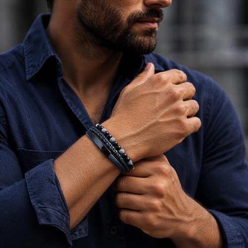 Premium Men’s Bracelet | Leather Bracelet for Men | Beaded Bracelets Black Onyx & Tiger-Eye Beads | Brown Leather Jewelry with Adjustable Stainless-Steel Clasp | Gift Dad Husband Son Boyfriend - color: Blue/Black