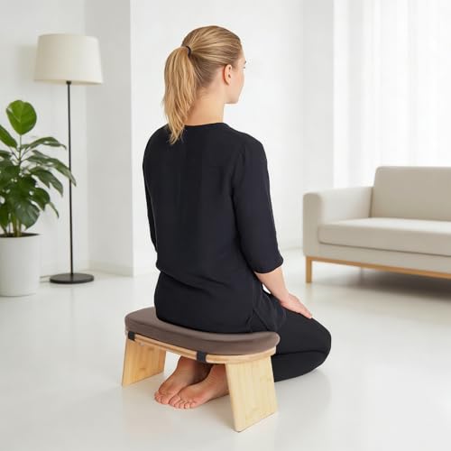 Portable Meditation Bench, Folding Kneeling Meditation Bench with Meditation Cushion, Bamboo Meditation Stool for Yoga Bench, Prayer Bench (Brown)