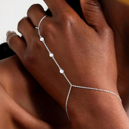 3PCS 14K Gold-Plated Hand Chain Bracelets for Women, Stack Bracelets Set Adjustable, Trendy Dainty Ring Bracelet Hand Chain - color: sliver-3-dainty