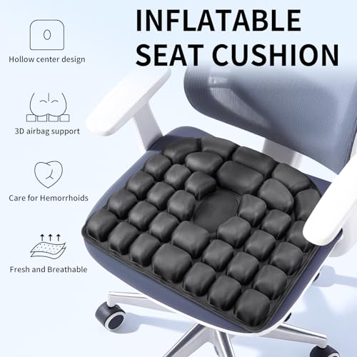 Inflatable Seat Cushion - Portable Travel Cushion for Airplane, Office & Camping - Adjustable Support with Pressure Dispersion to Prevent Discomfort & Bedsore