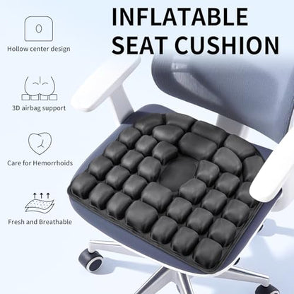 Inflatable Seat Cushion - Portable Travel Cushion for Airplane, Office & Camping - Adjustable Support with Pressure Dispersion to Prevent Discomfort & Bedsore