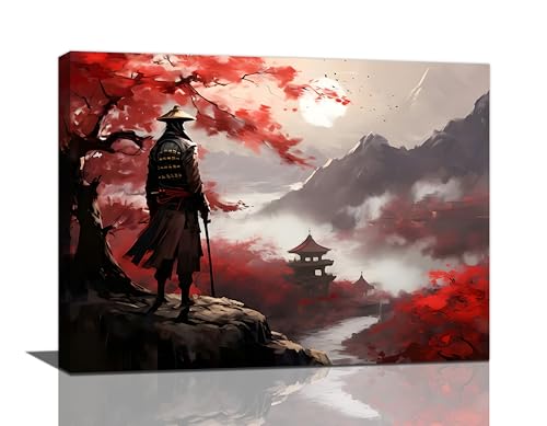 yerretin Japanese Bushido Wall Art Samurai Pictures Wall Decor Ancient Japan Warrior Canvas Landscape Painting Home Decoration Artwork for Bathroom Bedroom Living Room Office Framed 16"x12" - color: Japanese, size: 16"L x 12"W