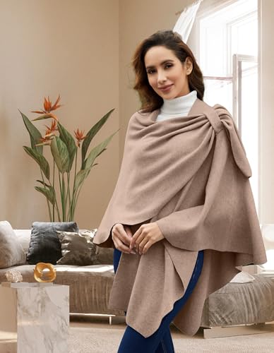 PULI Womens Large Cross Front Poncho Sweater Wrap Topper Knitted Elegant Shawls Cape for Fall Winter - color: 1-tan