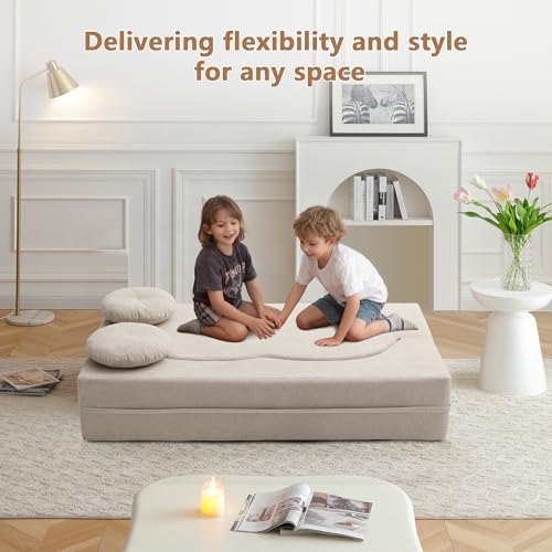 2-in-1 Folding Sofa Bed with Pillow, No Assembly Futon Twin Size Sofa Bed, Breathable Linen-Cotton Convertible Couch Bed for Living Room and Guest Room, 75.5 Inch,Khaki - color: Khaki-75.55", size: 2 seat