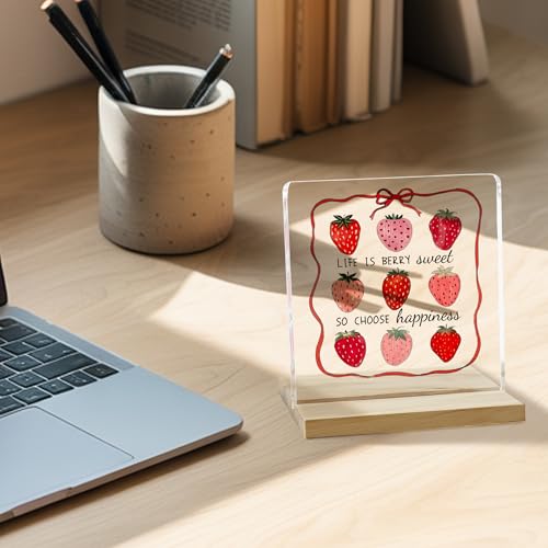 Coquette Strawberry Inspirational Decor Sign, Life is Berry Sweet Inspirational Acrylic Plaque - color: Strawberry