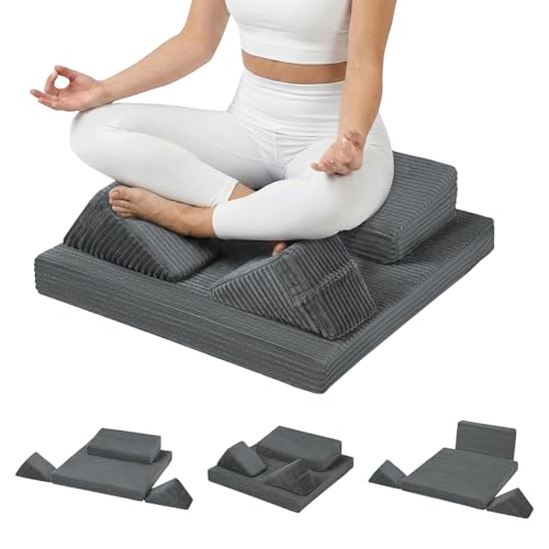 Meditation Cushion Set, Meditation Pillow for Sitting on Floor, Large Yoga Pillow with Knee Support, Washable Zafu Meditation Mat, 3 Shapes Floor Pillow for Adults, Dark Grey