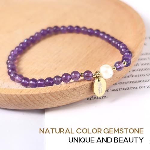 Morchic 4mm Natural Gemstone Beads Stretch Bracelet for Women, With Freshwater Pearls, Energy Gem Birthday Gift for Her 7.2” - color: Amethyst