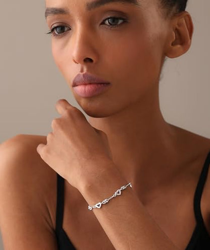 LeCalla 925 Sterling Silver Bracelet Jewelry Gift | Lightweight Italian Design Adjustable Love Bracelet | Link Chain with Lobster Claw Clasp Bracelet for Women Daughter Friendship Bracelet - color: Connecting Heart Station