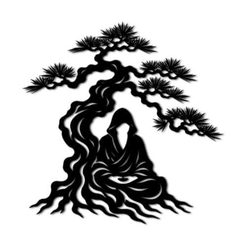 Zen Monk and Bonsai Tree Metal Wall Art Metal Outdoor Decor Metal Signs Minimalist Aesthetic Artwork Elegant Wall Decor Home Decoration for Living Room Bedroom Office (Black,32inch) - size: 32inch