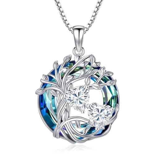 TOUPOP s925 Sterling Silver Family Celtic Tree of Life Pendant Necklaces with 2 Heart Birthstone with Blue Austrian Crystal Jewelry Birthday Valentines Day Gifts for Her, Anniversary Christmas Gifts for Wife Girlfriend Mom (18K Real White Gold Filled) - c