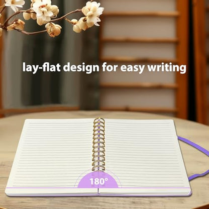 Lined Spiral Journal for Women, 160 Pages, Girls Notebook for Writing, A5 Travel Kid Diary with Pen Holder & Pen, Purple Hardcover, 5.7"x 8.27"