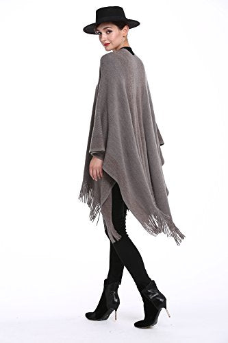 ZLYC Women's Shawl Golden Trim Knit Blanket Wrap Fringe Poncho Coat Cardigan - color: Grey