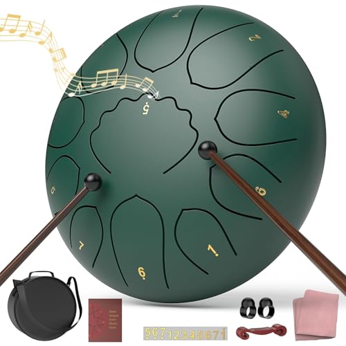 Rain Drum for Outside Garden, 8 Inches 11 Notes Steel Tongue Drum, Waterproof Meditation Rain Chime, Musical Instruments for Adult Gift with Bag, Music Book, Mallets (Green) - color: Green, size: 8 Inches