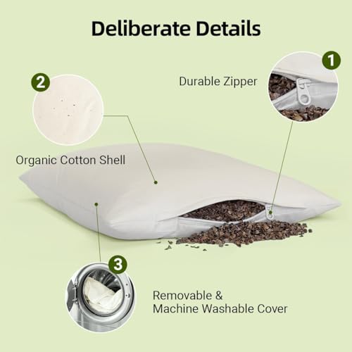 USlixury Organic Buckwheat Pillow for Sleeping with Extra Organic Pillowcase and Hulls, 15"X19" Buckwheat Hull Pillow, Adjustable Height and Firmness, Firm Neck Support for Side Sleepers, Cool, White - size: 15x19 inches