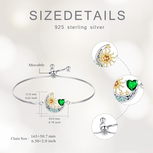 925 Sterling Silver Moon and Sun Star Adjustable Link Bracelet for Women with 12 Month Birthstone Birthday Jewelry - style: 05 - May
