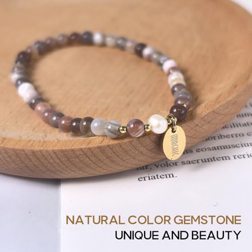 Morchic 4mm Natural Gemstone Beads Stretch Bracelet for Women, With Freshwater Pearls, Energy Gem Birthday Gift for Her 7.2” - color: Botswana Agate