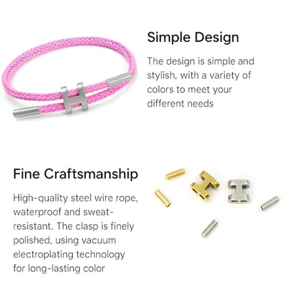 OSIRIDEH2 Bracelet with Adjustable Design Polished H Shape Buckle, Bracelets for Women, 18k Gold-plated Buckle Design Titanium Steel Wire Rope Women's Gift Jewelry - color: Pink Silver
